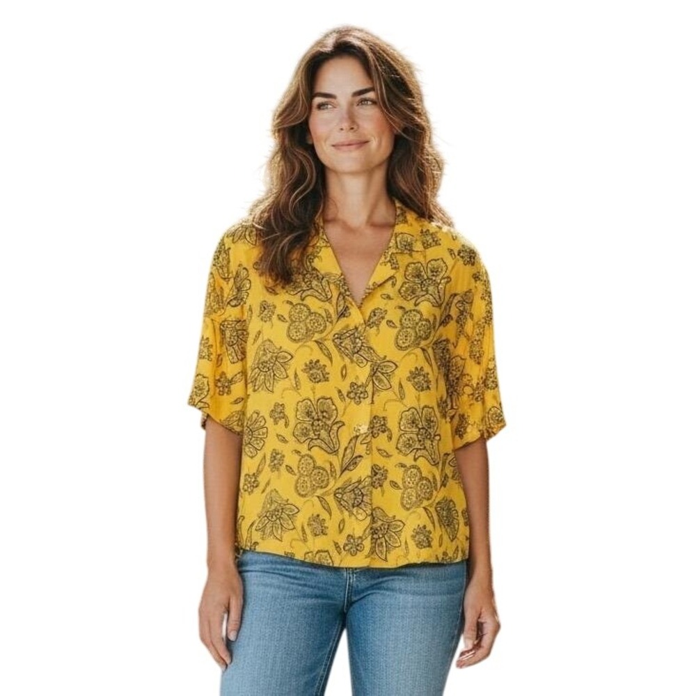 Saunders Collective Yellow Black Floral Print Button Up Women M